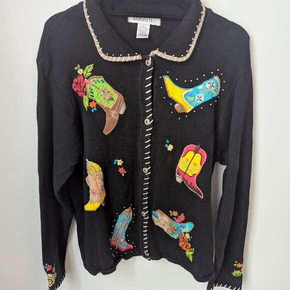Vintage Arriviste Cowboy Boot Cardigan, Large - Picture 2 of 6